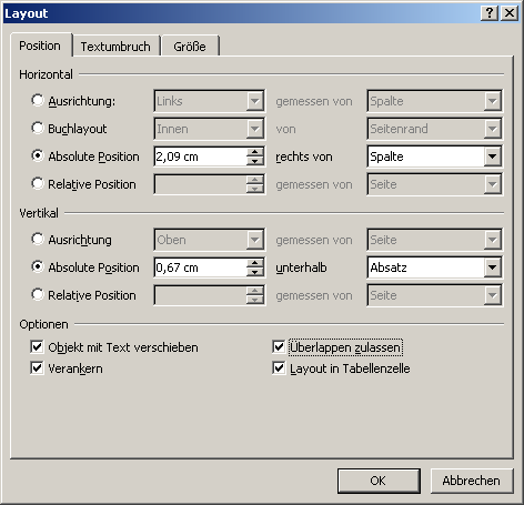 Dialog „Layout“, Reiter „Position“
