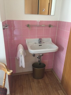 Ja, es gibt sich noch, Zimmer mit rosa Waschnische und Dusche und WC auf dem Flur